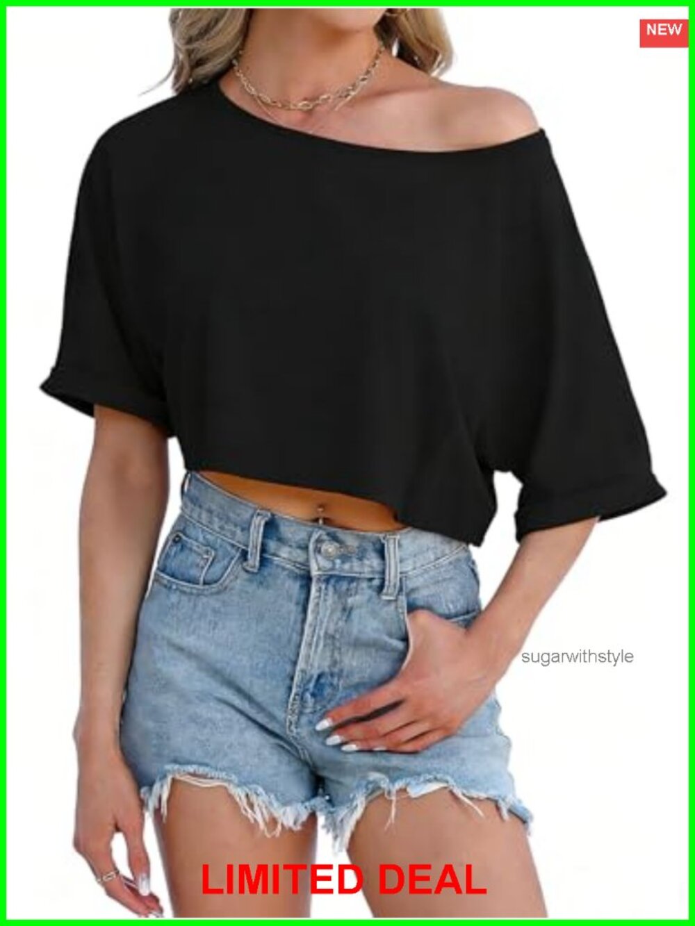 Off Shoulder Crop Top Batwing Sleeve Asymmetric Boat Neck Loose Fit Women